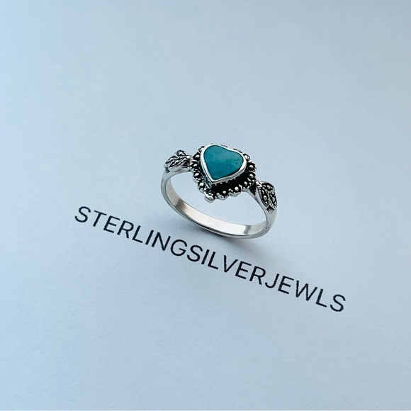 Sterling Silver Victorian Heart Synthetic Turquoise Ring, Love Silver Rings - Picture 11 of 13